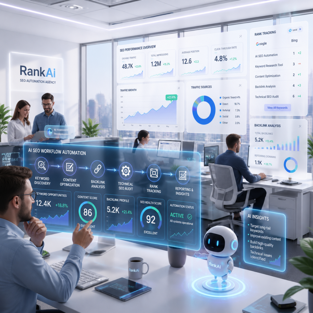 AI-powered SEO office with futuristic dashboards, workflow automation, and a team managing digital marketing analytics.