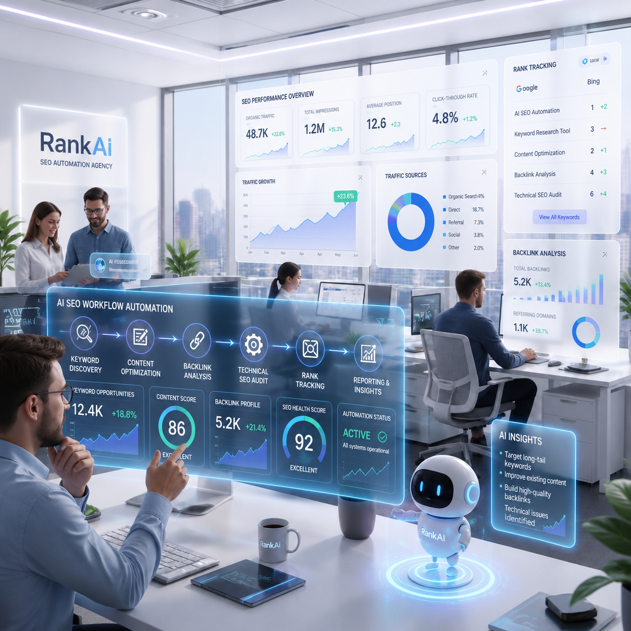 AI-powered SEO office with futuristic dashboards, workflow automation, and a team managing digital marketing analytics.