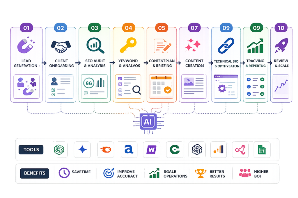 AI-powered SEO agency workflow infographic with lead generation, keyword research, content creation, technical SEO, reporting, and automation steps.