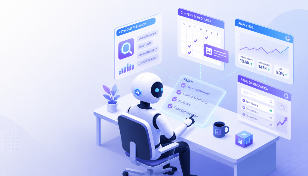 AI-powered SEO automation dashboard illustration