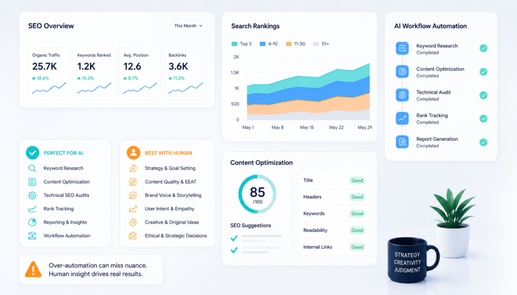 SEO analytics and workflow automation interface