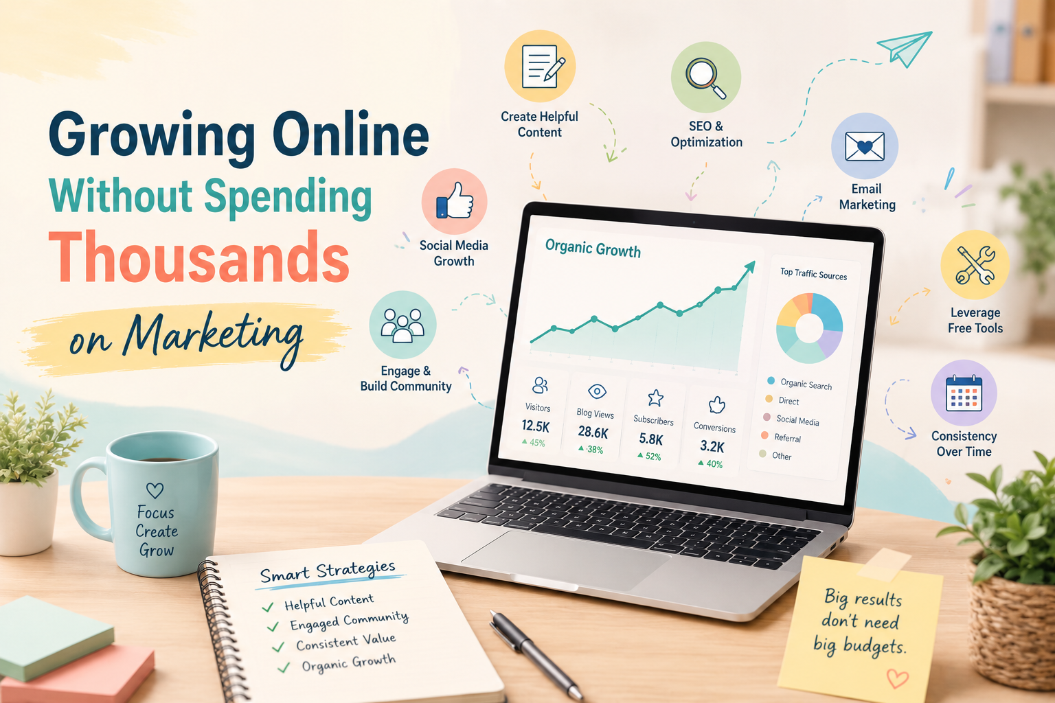 Organic traffic growth and low-cost digital marketing strategies in a bright modern workspace.