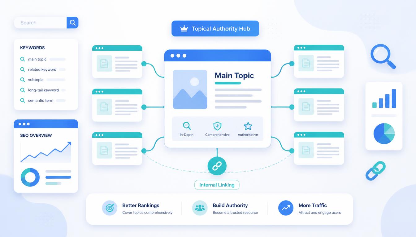 Topical authority website with a central main topic connected to related subtopics through internal linking