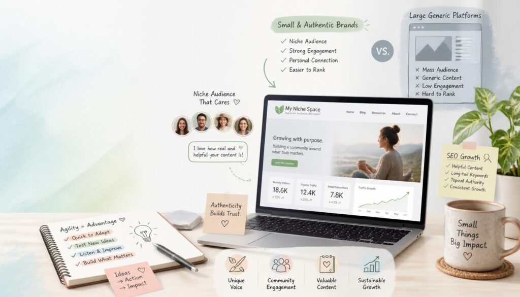 A small niche website growing through authentic content, community engagement, SEO, and sustainable organic traffic compared to large generic platforms.