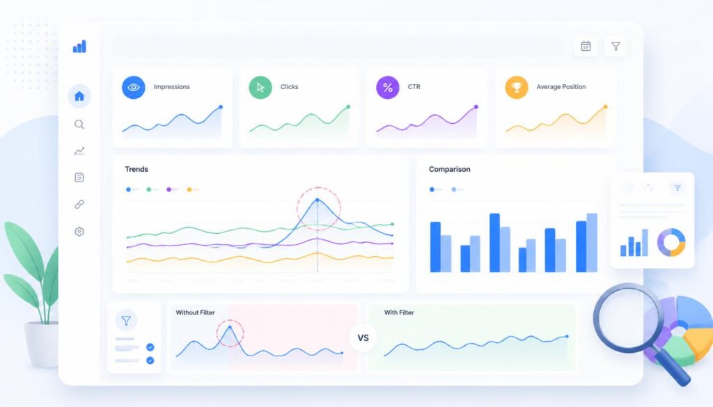 Search Console performance dashboard with impressions and CTR metrics