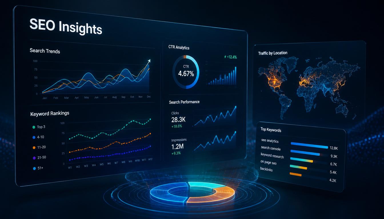 SEO analytics dashboard displaying search trends, keyword rankings, CTR analytics, traffic by location, and top keywords