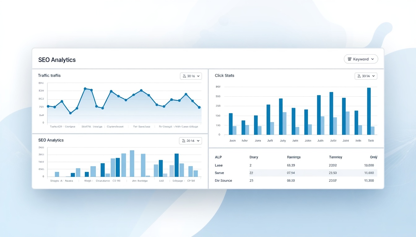 Digital dashboard displaying SEO analytics with traffic trend line graph, click statistics bar chart, and keyword ranking table in blue tones