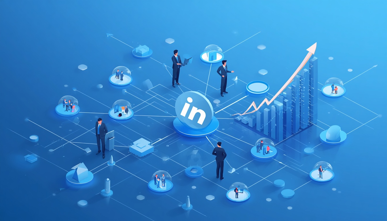 Professional LinkedIn SEO growth illustration featuring a digital business network, search optimization icon, analytics dashboard, connected professionals, and upward growth charts in a modern blue corporate design.