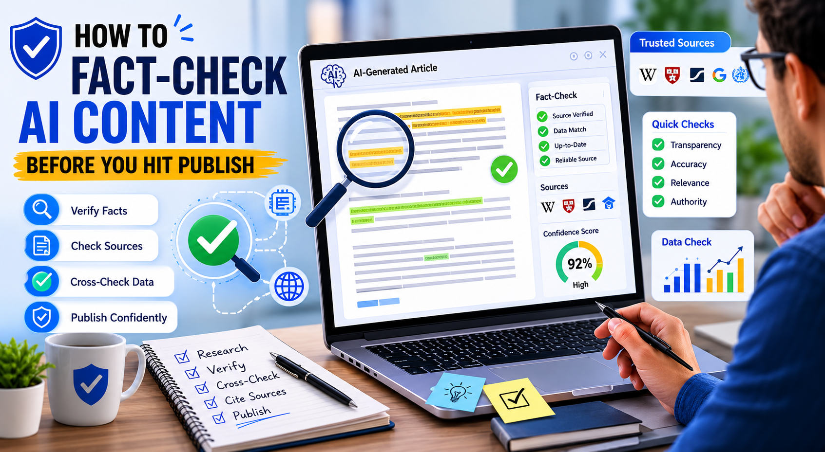 Professional workspace showing a marketer reviewing AI-generated content on a laptop with fact-checking tools, trusted source references, verification checklists, and content quality metrics.