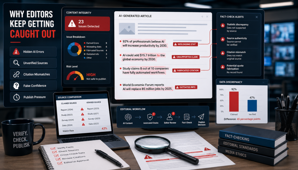 Infographic-style newsroom dashboard showing AI-generated content flagged with fact-check alerts, citation mismatches, unverified sources, misleading statistics, and data discrepancies. Multiple verification panels, warning indicators, and editorial review tools highlight the risks of publishing unchecked AI-generated content.
