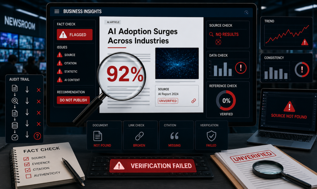 Fact-checking dashboard displaying an AI-generated article with a highlighted 92% statistic, multiple verification warnings, missing citations, unverified sources, broken links, and source-not-found alerts, illustrating the risks of publishing unsupported AI-generated claims.