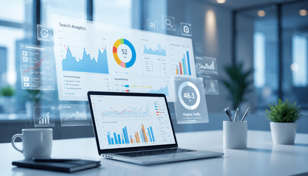 Analytics dashboard displaying website traffic trends, keyword rankings, and performance metrics on a laptop in a modern office workspace.