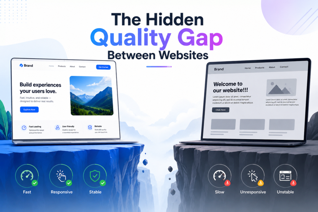 The hidden quality gap between websites illustrated through a comparison of fast, responsive, stable web performance versus slow, unresponsive, and unstable user experiences.