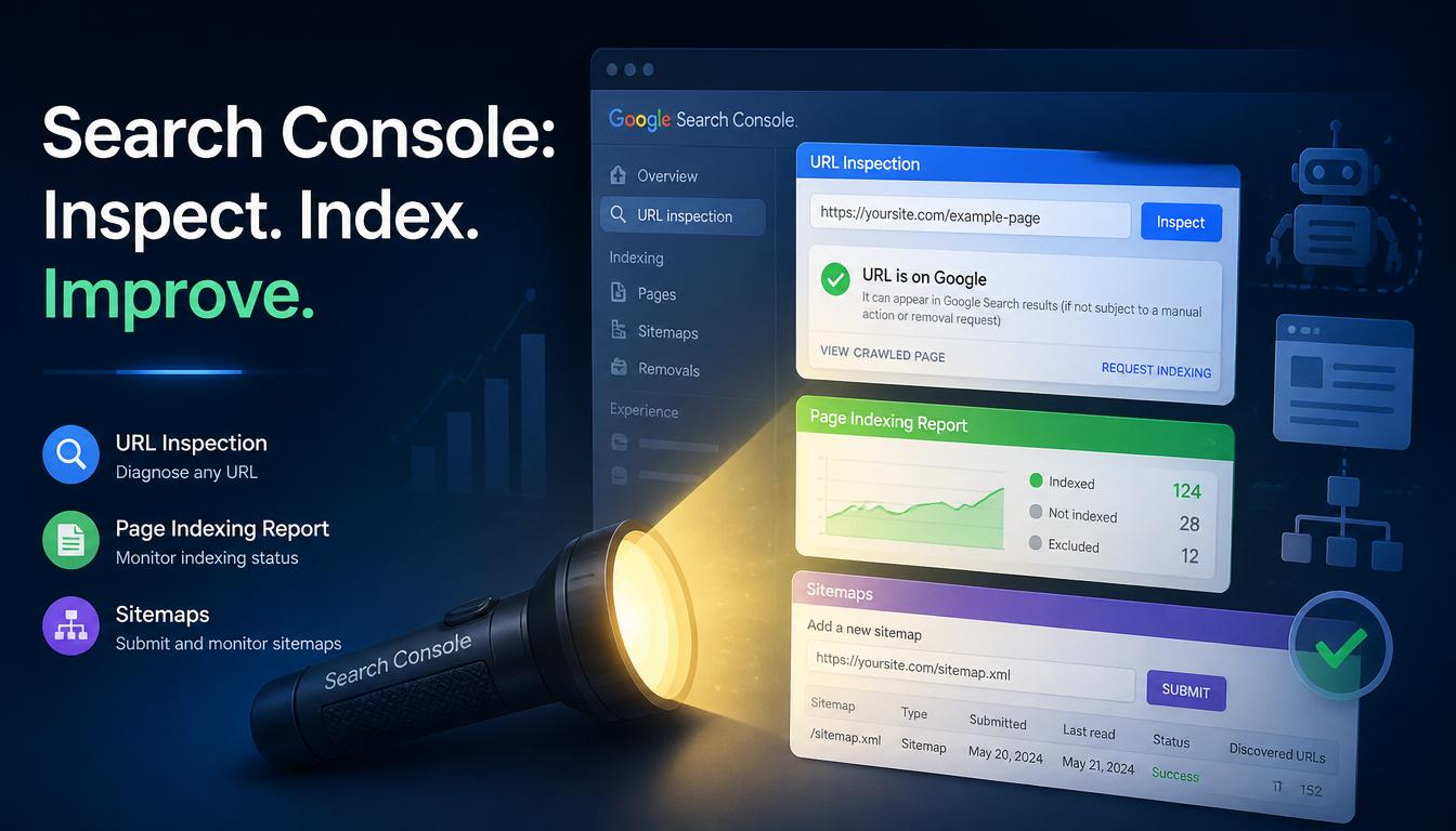 Google Search Console URL Inspection, Page Indexing Report, and XML Sitemap tools for fixing crawl errors and improving website indexing.