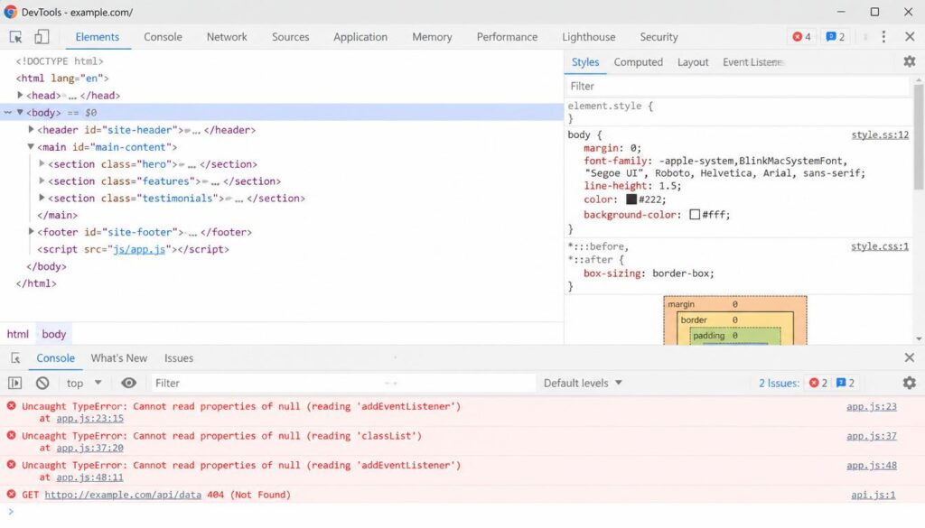 Chrome DevTools showing JavaScript errors and a 404 API request that can negatively affect website crawling and indexing.