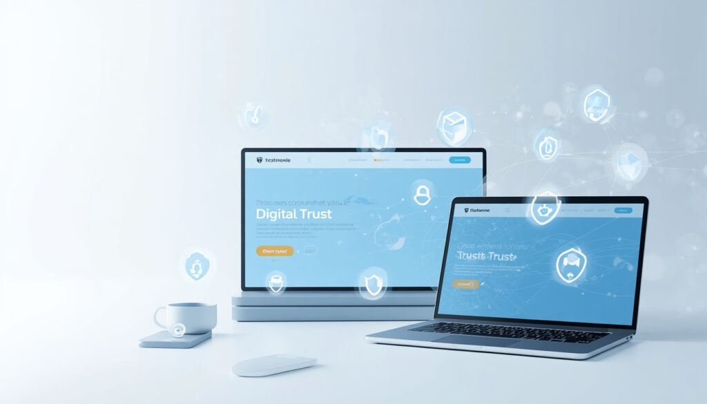 Two laptops displaying secure business websites with digital trust and security icons floating around them on a clean, light-colored background.