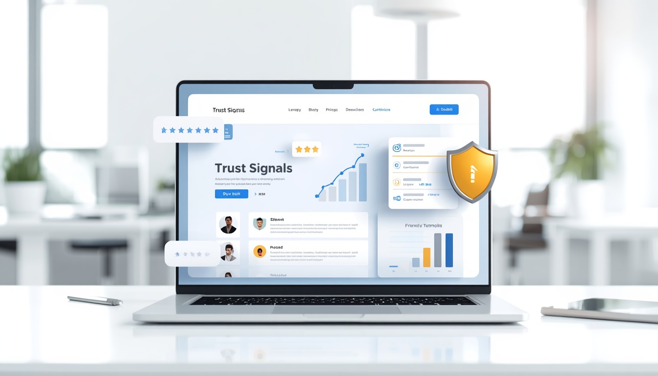Laptop displaying a website with customer reviews, security badges, and trust indicators in a bright office setting.