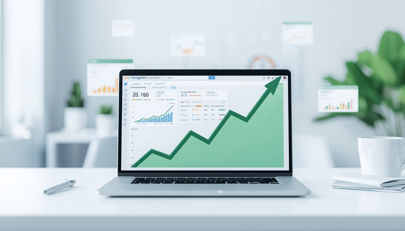 Laptop displaying a rising organic traffic graph and website performance dashboard in a modern office setting.