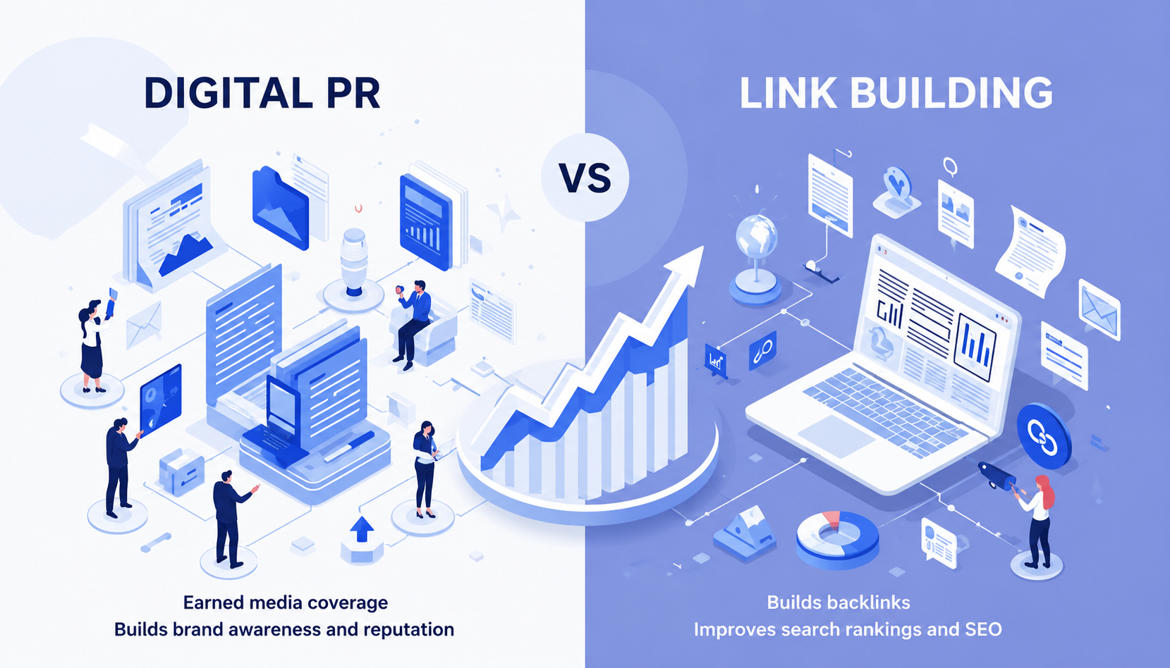 Split-screen illustration comparing Digital PR and Link Building. The left side shows media outreach, content, and brand awareness, while the right side shows backlink building, SEO analytics, and search ranking improvements with a laptop and charts.