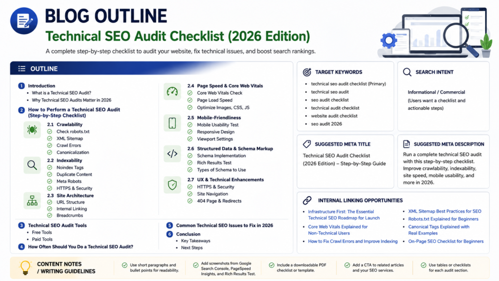 "Technical SEO Audit Checklist (2026 Edition)." The layout includes a step-by-step article outline, target keywords, search intent, suggested meta title and description, internal linking opportunities, and content writing guidelines, illustrating how ChatGPT can organize SEO content before writing a complete article draft.