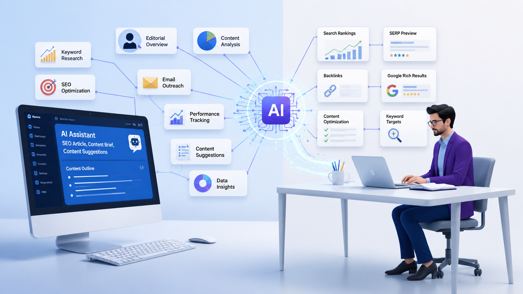 AI assistant generating SEO content while a human SEO writer optimizes an article with keyword research, analytics, and Google search results.