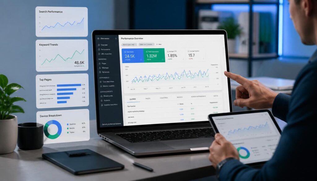 Professional reviewing an SEO analytics dashboard on a laptop and tablet displaying search performance metrics, keyword trends, clicks, impressions, CTR, and average position.
