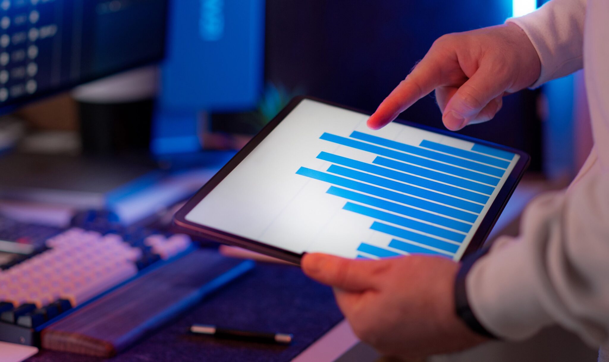 bar chart displaying performance or analytics data in a modern workspace.