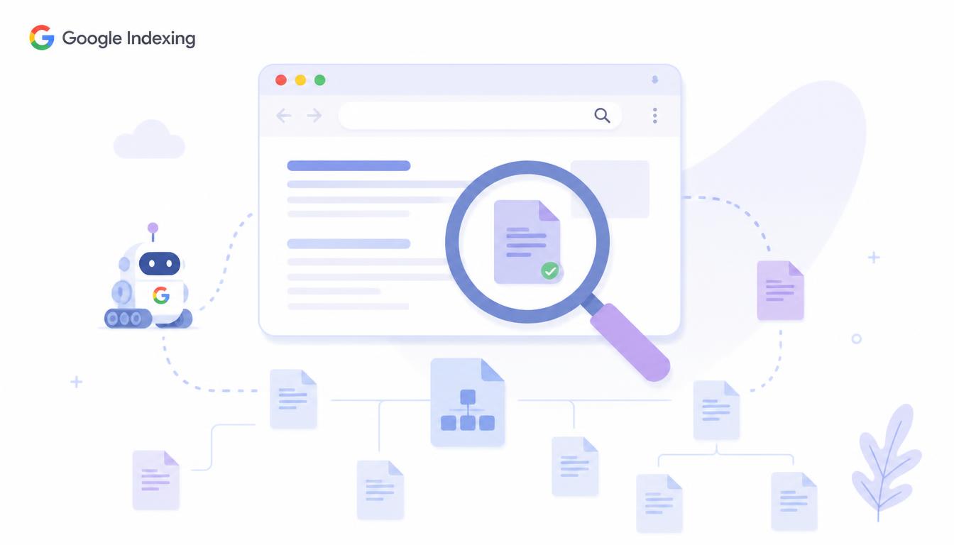 Illustration showing Google indexing a webpage with a search icon, documents, and a Googlebot