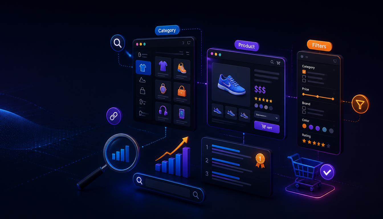Modern e-commerce SEO illustration showing product categories, search, filters, rankings, analytics, and a shopping cart interface in a dark neon blue and purple style.