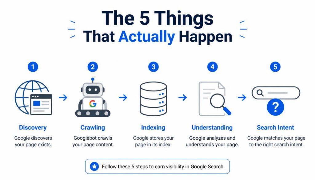 The five stages of how SEO works: discovery, crawling, indexing, understanding, and search intent.