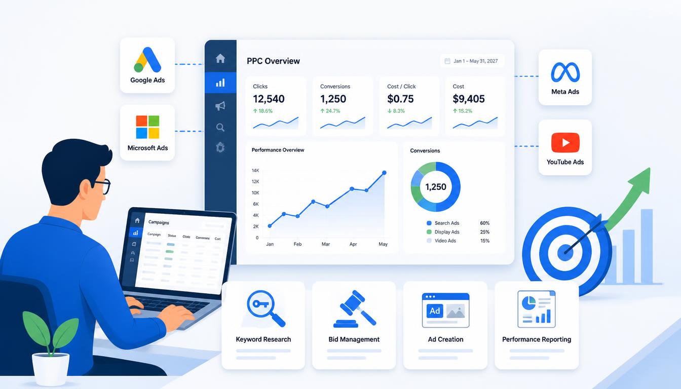 PPC management services dashboard showing Google Ads, Meta Ads, Microsoft Ads, campaign performance, keyword research, bid management, and reporting