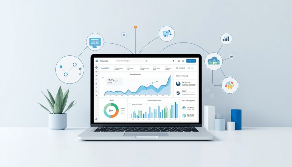 Digital marketing analytics dashboard displayed on a laptop with charts and performance metrics
