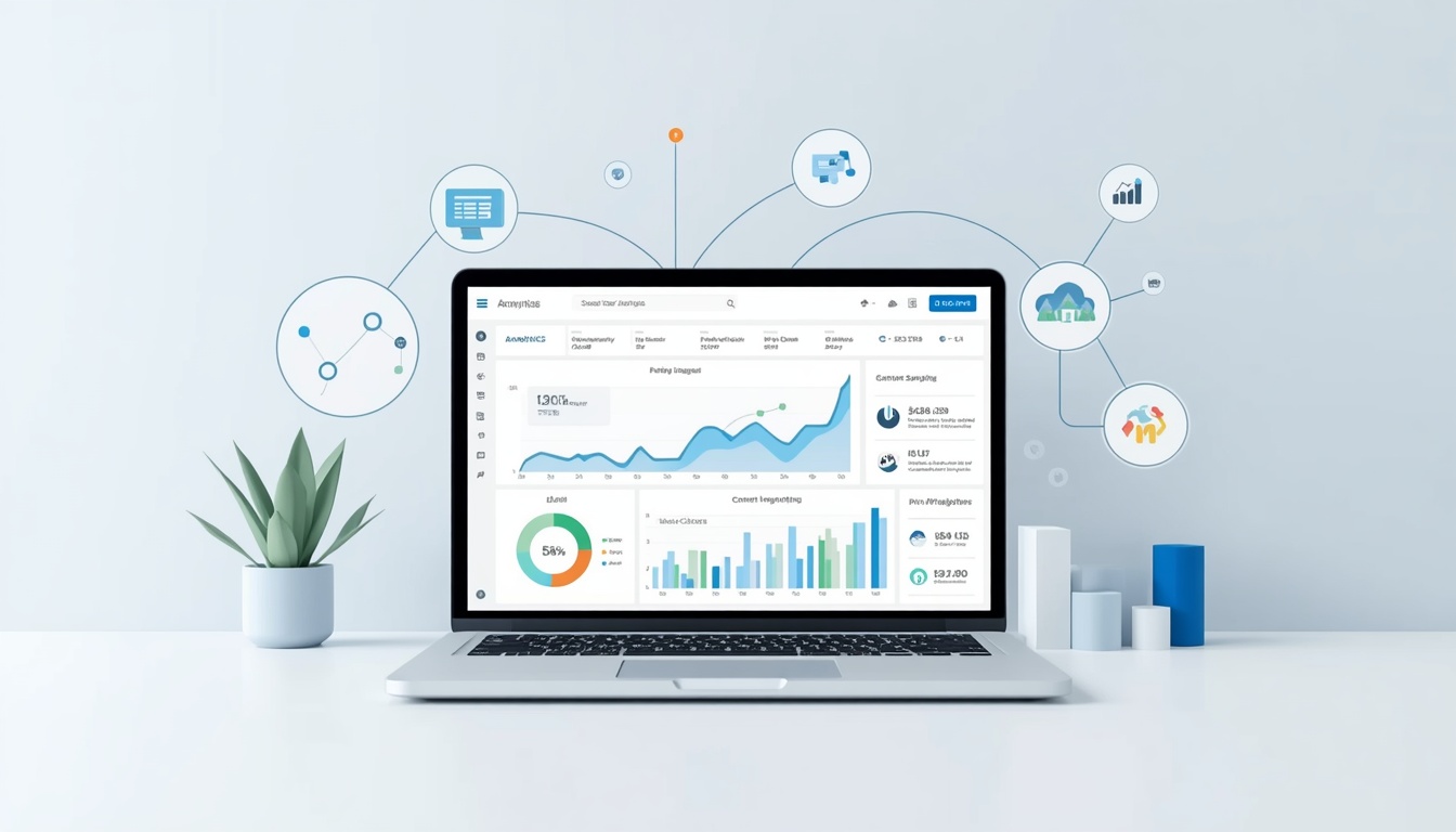 Digital marketing analytics dashboard displayed on a laptop with charts and performance metrics